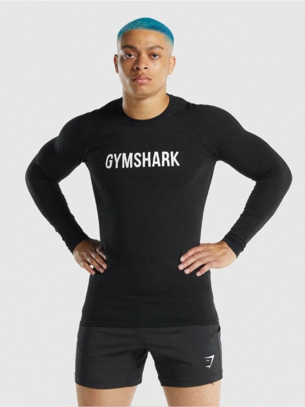 Gymshark Apollo Slim-Fit Stretch Cotton crewneck longsleeve Shirt Black white S